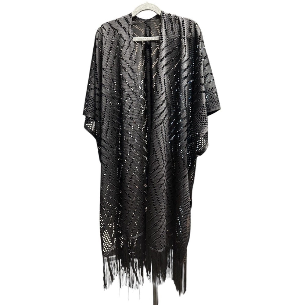 Black Geometric Kimono Poncho Wrap Fringe One Size Boho Open Front Lightweight